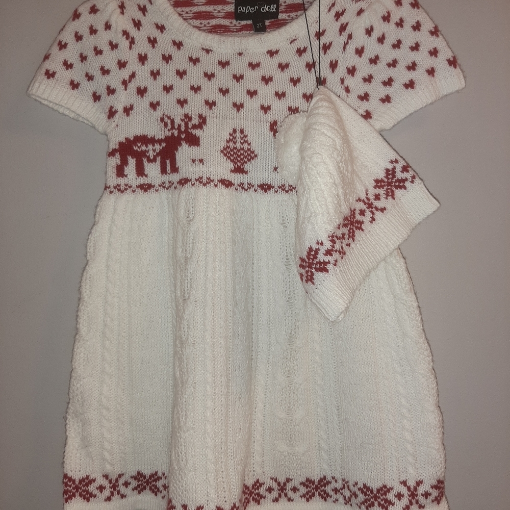🆕 White Red Reindeer Knit Sweater Dress Hat Set 2T Christmas Holiday Outfit 🎄